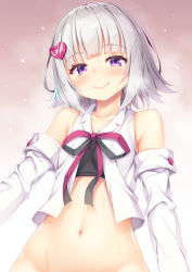 Rule 34 | 1girl, bare shoulders, black ribbon, blush, bottomless, breasts, closed mouth, collarbone, collared shirt, commentary request, copyright request, detached sleeves, groin, hair ornament, head tilt, heart, heart hair ornament, highres, long sleeves, navel, out-of-frame censoring, purple eyes, purple ribbon, ribbon, shirt, silver hair, sleeveless, sleeveless shirt, small breasts, smile, solo, sweat, tomifumi, two-tone ribbon, virtual youtuber, white shirt, yomemi