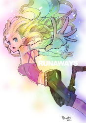 Rule 34 | 1girl, animification, belt, blonde hair, blue eyes, breasts, earrings, from side, hamamoto ryuusuke, jewelry, karolina dean, long hair, marvel, marvel cinematic universe, medium breasts, multicolored hair, open mouth, outstretched arms, pants, rainbow hair, runaways, solo, tank top, teeth