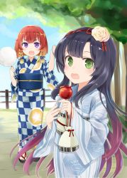 Rule 34 | 10s, 2girls, blue kimono, blush, candy apple, checkered clothes, checkered kimono, cotton candy, day, etorofu (kancolle), fence, flower, food, grass, green eyes, hair flower, hair ornament, japanese clothes, kantai collection, kimono, long hair, long sleeves, looking at viewer, matsuwa (kancolle), multicolored hair, multiple girls, obi, open mouth, outdoors, purple eyes, purple hair, red hair, sandals, sash, short hair, sky, striped clothes, striped kimono, thick eyebrows, tree, twintails, very long hair, wide sleeves, yukata, yuna (yukiyuna)