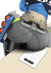 1girl absurdres ass ass_focus grey_pants highres lower_body pants paper police police_uniform shadow simple_background sitting solo table thighs white_background wo_shige_lu_chile_ni zenless_zone_zero zhu_yuan