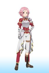 Rule 34 | 10s, 1girl, armor, breastplate, full body, gauntlets, hair ornament, hairclip, hand on own hip, highres, lisbeth (sao), lisbeth (sao-alo), looking at viewer, official art, pauldrons, pink hair, pointy ears, red eyes, short hair, shoulder armor, smile, solo, sword art online