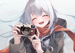 Rule 34 | 1girl, absurdres, anniversary, black hoodie, black neckerchief, camera, closed eyes, commentary request, congratulations, english text, engrish text, grey background, grey hair, head tilt, highres, holding, holding camera, hood, hoodie, horo 27, kaga sumire, long sleeves, looking at viewer, lupinus virtual games, neckerchief, open mouth, ranguage, red scarf, scarf, shirt, simple background, smile, solo, teeth, tongue, upper body, upper teeth only, virtual youtuber, vspo!, white shirt