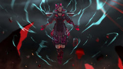 Rule 34 | 1girl, apex legends, black bodysuit, black footwear, black gloves, black jacket, blue eyes, bodysuit, breasts, cable, cleavage, commentary, cyber punked wattson, electricity, english commentary, eyepatch, fingerless gloves, floating, gloves, head tilt, highres, hood, hood down, hooded jacket, ifragmentix, jacket, making-of available, mechanical arms, mechanical legs, medium breasts, official alternate costume, one eye closed, parted lips, pink hair, purple eyes, rock, shoes, sneakers, solo, wattson (apex legends)