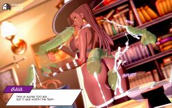 Rule 34 | 1girl, 2022, 3d, artist logo, artist name, ass, blurry, blurry background, book, bookshelf, breasts, brown hair, cum, cute birdd, dark-skinned female, dark skin, earrings, ejaculation, elbow gloves, english text, fellatio, fingerless gloves, gaia grave (cute birdd), gloves, grimoire, hat, highres, indoors, jewelry, koikatsu (medium), large breasts, large penis, long hair, oral, original, penis, penis on ass, sideways glance, solo, text box, tongue, tongue out, transparent penis, veins, veiny penis, witch, witch hat