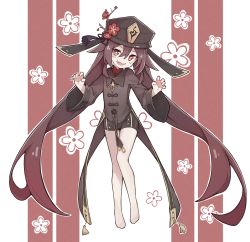 Rule 34 | 1girl, absurdly long hair, absurdres, barefoot, black hat, blush, brown hair, fang, flower, flower-shaped pupils, full body, genshin impact, hair between eyes, hat, highres, hu tao (genshin impact), legs, long hair, long sleeves, looking at viewer, mmhomm, open mouth, plum blossoms, qingdai guanmao, red eyes, skin fang, smile, solo, symbol-shaped pupils, tailcoat, twintails, very long hair