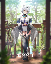 Rule 34 | 1girl, blush, boots, breasts, character name, copyright request, fence, fukai ryosuke, full body, headband, highres, official art, open mouth, short hair, silver hair, solo, thighhighs, thighs, virtual youtuber, wings, yellow eyes