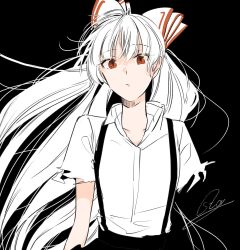 Rule 34 | 1girl, bad id, bad twitter id, black background, black pants, bow, closed mouth, collar, fujiwara no mokou, highres, long hair, looking at viewer, multicolored bow, pants, red bow, red eyes, shirt, short sleeves, simple background, solo, souta (karasu no ouchi), touhou, white bow, white hair, white shirt