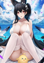 Rule 34 | &gt; &lt;, 1girl, absurdres, animal ears, azur lane, backless dress, backless outfit, bare shoulders, bird, black hair, breasts, center opening, cleavage, cloud, cloudy sky, cocktail dress, dress, enico, evening gown, extra ears, flower, garter straps, hair between eyes, hair flower, hair ornament, hand on own chest, highres, huge breasts, jewelry, long hair, looking at viewer, manjuu (azur lane), necklace, official alternate costume, outdoors, panties, plunging neckline, red eyes, satin dress, seagull, sky, sleeveless, sleeveless dress, solo, taihou (azur lane), taihou (temptation on the sea breeze) (azur lane), thighhighs, thighs, underwear, very long hair, white dress, white garter straps, white panties, white thighhighs