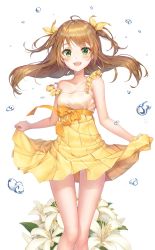 Rule 34 | 1girl, :d, absurdres, bad id, bad twitter id, blush, breasts, brown hair, cleavage, collarbone, floating hair, flower, green eyes, hair ribbon, high-waist skirt, highres, lily (flower), long hair, looking at viewer, medium breasts, off shoulder, open mouth, original, pleated skirt, r o ha, ribbon, shirt, simple background, skirt, skirt hold, sleeveless, sleeveless shirt, smile, solo, standing, two side up, white background, white flower, white shirt, yellow ribbon, yellow skirt