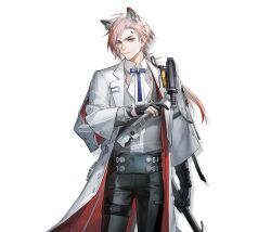 Rule 34 | 1boy, animal ears, arknights, arknights: endfield, belt, black gloves, black pants, blue eyes, blue necktie, character name, coat, collared shirt, company name, copyright name, fjall (arknights), gloves, grey vest, holding, holstered, knife, long sleeves, looking at viewer, low ponytail, male focus, material growth, multicolored hair, necktie, official art, open clothes, open coat, oripathy lesion (arknights), pants, partially fingerless gloves, pink hair, ponytail, red hair, shirt, short hair with long locks, solo, standing, streaked hair, tail, transparent background, vest, white coat, white shirt, wolf boy, wolf ears, wolf tail