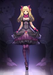 Rule 34 | 1girl, absurdres, animal ears, argyle, argyle clothes, argyle legwear, bead bracelet, beads, black cat d.va, black dress, black gloves, blonde hair, bodice, bow, bracelet, breasts, brown eyes, cat ears, checkered floor, cleavage, clothes lift, d.va (overwatch), dress, dress lift, earrings, footwear bow, frilled dress, frills, full body, gloves, heart, heart earrings, high heels, highres, jewelry, knees together feet apart, light particles, lolita fashion, looking at viewer, mecha, medium breasts, meka (overwatch), official alternate costume, overwatch, overwatch 1, pantyhose, parted lips, pink bow, pink lips, puffy short sleeves, puffy sleeves, purple pantyhose, qi kou, reflection, robot, short sleeves, solo, twintails, walking