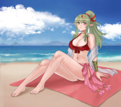 Rule 34 | 1girl, absurdres, barefoot, beach, bikini, breasts, cleavage, collarbone, commentary request, commission, fire emblem, fire emblem awakening, fire emblem heroes, full body, green eyes, green hair, hair ornament, hazuki (nyorosuke), highres, long hair, looking at viewer, medium breasts, navel, nintendo, official alternate costume, outdoors, pointy ears, ponytail, red bikini, ribbon, sitting, skeb commission, smile, solo, swimsuit, tiara, tiki (adult) (fire emblem), tiki (adult) (summer) (fire emblem), tiki (fire emblem), towel