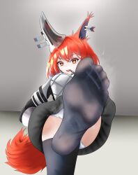 Rule 34 | 1girl, :p, absurdres, animal ears, arknights, feet, flametail (arknights), heart, heart-shaped pupils, highres, long hair, looking at viewer, ming, orange eyes, panties, pantyshot, red hair, see-through, see-through legwear, soles, steam, sweat, symbol-shaped pupils, tail, thighhighs, toes, tongue, tongue out, underwear, upskirt
