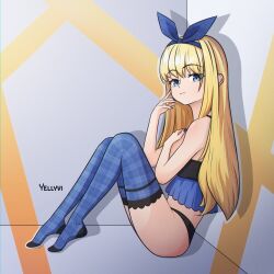 1girl artist_name bare_shoulders black_panties blonde_girl_(popopoka) blonde_hair blue_hairband blue_nails blue_thighhighs borrowed_character crop_top from_side frown green_eyes hairband hand_up highres long_hair nail_polish original panties shiny_skin sitting solo thighhighs underwear yellyvi