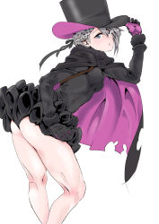 Rule 34 | 1girl, absurdres, ange (princess principal), ass, black hat, blue eyes, blush, braid, breasts, hat, highres, kimuwaipu, looking at viewer, princess principal, short hair, simple background, small breasts, solo, standing, top hat, white background, white hair
