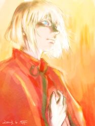 Rule 34 | 1boy, 2023, blonde hair, blue eyes, blunt ends, canute, chu tencho, closed mouth, dated, eyelashes, floating hair, hand on own chest, highres, male focus, medium hair, prince, signature, solo, upper body, viking, vinland saga