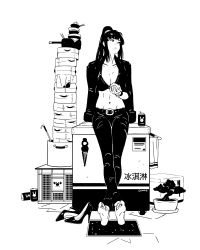 Rule 34 | 1girl, absurdres, bamboo steamer, baozi, barefoot, belt, belt buckle, bonsai, bowl, bra, breasts, buckle, can, chopsticks, cleavage, commentary, english commentary, food, greyscale, groin, guweiz, high heels, highres, holding, holding food, jacket, jacket on shoulders, long hair, looking away, looking to the side, medium breasts, monochrome, navel, original, pants, plant, ponytail, pot, potted plant, shoes, unworn shoes, simple background, sitting, soles, solo, underwear, white background
