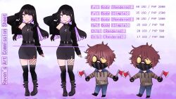 Rule 34 | 1boy, 1girl, axe, black hair, brown hair, character sheet, chibi, commission sheet, full body, goggles, hatchet (axe), heterochromia, highres, jewelry, mask, necklace, r4el07, raven (r4el07), sheet, ticci toby
