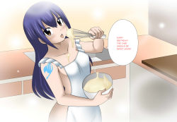 Rule 34 | 1girl, apron, birthday, blue eyes, blue hair, bowl, breasts, cake, cake batter, collarbone, commission, commissioner upload, dmayaichi, fairy tail, food, food on body, highres, holding, holding bowl, holding whisk, mixing bowl, naked apron, small breasts, speech bubble, tattoo, tongue, tongue out, wendy marvell, whisk