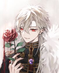 Rule 34 | 1boy, black jacket, black nails, blood on flower, cape, closed mouth, cross, cross earrings, ear piercing, earrings, flower, fur-trimmed cape, fur trim, hand up, high collar, highres, holding, holding flower, jacket, jewelry, kuzuha (nijisanji), long hair, looking at object, male focus, mayu mey, nijisanji, piercing, red eyes, red flower, red rose, ring, rose, simple background, smile, solo, upper body, white background, white hair