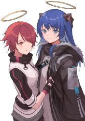 Rule 34 | 2girls, arknights, blue eyes, blue hair, blush, exusiai (arknights), fingerless gloves, gloves, hair over one eye, halo, horns, jacket, mostima (arknights), multiple girls, open clothes, open jacket, red eyes, red hair, simple background, smile, touchika, white background
