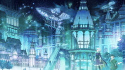 Rule 34 | 1boy, 1girl, aircraft, airship, beret, black shirt, blue theme, building, cape, city, cityscape, cloud, coat, commentary request, constellation, fantasy, hat, highres, leaf (forcemsnk), looking away, multiple others, night, night sky, original, outdoors, scarf, scenery, shirt, skirt, sky, snowing, stairs, star (sky), starry sky, tree, winter