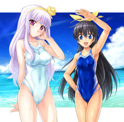 Rule 34 | 00s, 2girls, :d, animal, arm up, armpits, arms up, beach, bird, black hair, blue eyes, bow, breasts, cameltoe, caustics, cloud, competition swimsuit, covered erect nipples, covered navel, day, ganaha hibiki, hair bow, hairband, head tilt, hidebou, idolmaster, idolmaster (classic), idolmaster 1, light purple hair, long hair, looking at viewer, medium breasts, multiple girls, ocean, one-piece swimsuit, open mouth, outdoors, ponytail, purple eyes, purple hair, shijou takane, shiny skin, sky, small breasts, smile, swimsuit, water, wet