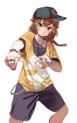 Rule 34 | 1girl, absurdres, animal ears, baseball cap, black shirt, black shorts, bow (bhp), braid, brown eyes, brown hair, chain, character print, cowboy shot, dog ears, grey hat, hair ornament, hairclip, hat, head tilt, highres, hip hop, hololive, inugami korone, jewelry, listener (inugami korone), looking at viewer, multiple rings, necklace, parted lips, ring, shirt, shorts, sideways hat, solo, twin braids, virtual youtuber, wristband, yellow shirt