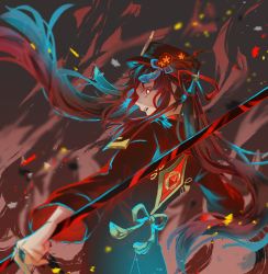 Rule 34 | 1girl, :o, absurdres, brown hair, chinese clothes, coat, flat chest, flower, flower-shaped pupils, genshin impact, hat, highres, holding, holding weapon, hu tao (genshin impact), jewelry, long hair, looking at viewer, open mouth, red eyes, ring, staff of homa (genshin impact), symbol-shaped pupils, upper body, weapon