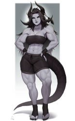 Rule 34 | 1girl, abs, absurdres, ash (ripasher), biceps, black gloves, black hair, black horns, black lips, black nails, black sclera, black shorts, breasts, chest sarashi, cleavage, colored sclera, colored skin, demon girl, gloves, gradient background, grey skin, hands on own hips, highres, horns, long hair, looking at viewer, midriff, muscular, muscular female, nail polish, navel, original, sarashi, shorts, signature, solo, speedl00ver, tail, toenail polish, toenails, white eyes
