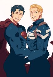 Rule 34 | 2boys, animification, arm around waist, black hair, blonde hair, blue eyes, cape, captain america, captain america (series), coif, crossover, dc comics, looking at viewer, marvel, multiple boys, muscular, norasame (dagako), simple background, smile, steve rogers, superhero costume, superman, superman (series), tan background