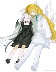 Rule 34 | 1boy, 1girl, angel, angel wings, bare legs, bat wings, black choker, black dress, black footwear, blonde hair, buttons, chinese commentary, choker, closed eyes, dress, feathered wings, full body, green ribbon, halo, highres, invisible chair, leaning on person, leaning to the side, long hair, long sleeves, looking at viewer, neck ribbon, original, pants, pink eyes, pointy ears, rexxxlord, ribbon, shirt, shoe soles, shoes, simple background, sitting, sleeves past wrists, smile, weibo logo, weibo username, white background, white footwear, white hair, white halo, white pants, white shirt, white wings, wings