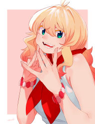 Rule 34 | 1girl, absurdres, anna (ryusei hashida), bandana, blonde hair, blush, border, bracelet, commentary, english commentary, fingernails, gradient hair, green eyes, hair between eyes, hands on own cheeks, hands on own face, hands up, highres, jewelry, long hair, looking at viewer, multicolored hair, original, photoshop (medium), pink background, ryusei hashida, signature, simple background, smile, solo, steepled fingers, upper body, white border