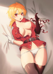 Rule 34 | 1girl, areola slip, aura, bed sheet, belt, bite mark, black thighhighs, blonde hair, blush, breasts, brown belt, commentary, commission, cowboy shot, dark aura, english commentary, fang, from above, gloves, gluteal fold, hair between eyes, hellsing, highres, kangbus, looking at viewer, lying, medium breasts, medium hair, no bra, no panties, on back, on bed, open clothes, open mouth, open shirt, panties, panty pull, ponytail, red eyes, red shirt, seras victoria, sheet grab, shirt, short sleeves, skindentation, solo, thigh gap, thighhighs, unbuttoned, underwear, white gloves, white panties