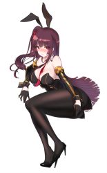Rule 34 | 1girl, absurdres, animal ears, bare shoulders, between breasts, black footwear, black panties, black pantyhose, blush, breasts, chou shippai-saku, cleavage, covering privates, covering crotch, detached sleeves, fake animal ears, full body, girls&#039; frontline, gloves, hair ribbon, high heels, highres, large breasts, leotard, lips, long hair, looking at viewer, necktie, necktie between breasts, panties, pantyhose, playboy bunny, purple hair, rabbit ears, rabbit tail, red necktie, ribbon, shoes, simple background, solo, tail, underwear, wa2000 (girls&#039; frontline), white background
