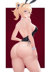 Rule 34 | 1girl, absurdres, alternate costume, animal ears, ass, back, bare shoulders, blonde hair, blue eyes, blush, bottomless, breasts, breasts out, deep skin, embarrassed, genshin impact, hair between eyes, hand on own thigh, highres, jean (genshin impact), jewelry, leotard, looking at viewer, looking back, medium breasts, necklace, nipples, no panties, playboy bunny, ponytail, pussy, rabbit ears, red background, sideboob, simple background, solo, thighs, ultra-13