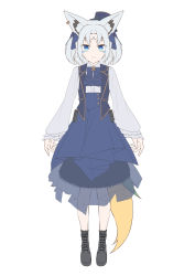 Rule 34 | 1girl, :3, absurdres, animal ear fluff, animal ears, black footwear, blue bow, blue bowtie, blue headwear, blue skirt, blue vest, boots, bow, bowtie, commentary request, earrings, fox ears, fox girl, green eyes, hair bow, highres, hololive, jewelry, layered skirt, long skirt, long sleeves, looking at viewer, micon, parted bangs, personification, shirt, short twintails, sidelocks, simple background, skirt, sukonbu (shirakami fubuki), twintails, vest, virtual youtuber, white background, white hair, white shirt