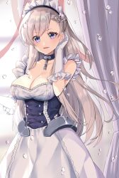 Rule 34 | 1girl, :d, adjusting hair, apron, azur lane, belfast (azur lane), blurry, braid, breasts, chain, cleavage, collar, collarbone, commentary request, curtains, depth of field, elbow gloves, gloves, highres, long hair, looking at viewer, maid, maid apron, maid headdress, mkichi, open mouth, grey eyes, silver hair, smile, solo, water drop, white gloves, window