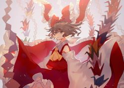 Rule 34 | 1girl, ascot, bow, brown eyes, brown hair, commentary, detached sleeves, frilled bow, frilled skirt, frills, hair bow, hair tubes, hakurei reimu, highres, isshin (kaxz), japanese clothes, looking at viewer, miko, origami, paper crane, ribbon, sarashi, shide, shirt, short hair, simple background, skirt, sleeveless, sleeveless shirt, solo, touhou, wide sleeves