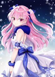 Rule 34 | 1girl, backless dress, backless outfit, breasts, commentary request, detached sleeves, dress, from side, fur trim, hair ribbon, kimura pikoriino, looking at viewer, pink eyes, pink hair, ribbon, signature, small breasts, smile, snowflakes, solo, tensei-kun wa lolicon janai!, two side up, white dress