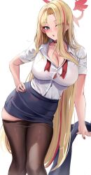 Rule 34 | 1girl, black pantyhose, black skirt, blonde hair, blue archive, blue eyes, blush, breasts, buttons, cleavage, collared shirt, feet out of frame, fingernails, halo, highres, large breasts, long hair, long sleeves, looking at viewer, multicolored hair, no headwear, official alternate costume, open mouth, pantyhose, pencil skirt, pina (blue archive), pina (guide) (blue archive), pink halo, red hair, shirt, simple background, skirt, solo, stone (ksorede), streaked hair, tour guide, white background, white shirt