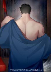 Rule 34 | 1boy, back, bara, brown hair, commentary, from behind, holding, holding clothes, kienbiu, male focus, mature male, muscular, muscular male, open clothes, original, robe, short hair, single bare shoulder, solo, undressing