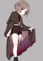 Rule 34 | 1boy, amputee, bandages, black cape, braid, cape, capelet, child, grey background, high-waist shorts, highres, male focus, original, piko (pixiv), shorts, side braid, simple background, solo, standing, trap