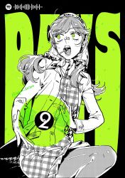 1girl arai_sumiko bandana candy commentary countdown english_commentary food food_in_mouth gingham_dress green_eyes highres holding_record jacket kininatteru_hito_ga_otoko_ja_nakatta lollipop long_hair long_sleeves looking_to_the_side loose_hair_strand official_art oosawa_aya open_mouth record solo spotify twitter_username