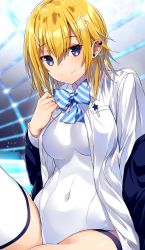 Rule 34 | 1girl, absurdres, blonde hair, blue eyes, bow, bowtie, commentary request, dress shirt, highres, kurebayashi noe, looking down, one-piece swimsuit, open clothes, original, school swimsuit, school uniform, shirt, short hair, sitting, solo, striped bow, striped bowtie, striped clothes, striped neckwear, swimsuit, swimsuit under clothes, thighhighs, white one-piece swimsuit, white school swimsuit, white shirt, white thighhighs