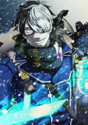 Rule 34 | 1boy, another eidos-r, artist name, bag, black eyes, black hair, blue fire, blue light, close-up, fangs, fire, glasses, gloves, highres, jacket, lamp, looking at viewer, male focus, one eye covered, scarf, smile, snow, solo, sword, thorkell (another eidos), upper body, weapon, white hair, yanai inaya