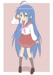 Rule 34 | 1girl, :3, absurdres, ahoge, arm at side, black footwear, blue hair, blush, border, brown background, closed mouth, donguri suzume, green eyes, grey socks, highres, izumi konata, jitome, loafers, long hair, long sleeves, looking at viewer, lucky star, mole, mole under eye, neckerchief, pink neckerchief, pleated skirt, red sailor collar, red skirt, sailor collar, school uniform, serafuku, shirt, shoes, simple background, skirt, smile, socks, solo, standing, very long hair, w, w over eye, white border, white shirt