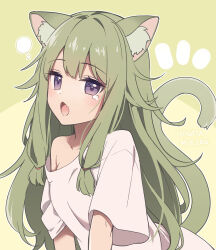 Rule 34 | 1girl, animal ear fluff, animal ears, arm support, artist name, blush, cat ears, cat tail, commentary request, green background, green hair, hinata mizuiro, kemonomimi mode, kusanagi nene, long hair, looking at viewer, low-tied sidelocks, off shoulder, open mouth, project sekai, purple eyes, shirt, solo, t-shirt, tail, tearing up, upper body, very long hair, white shirt, yawning