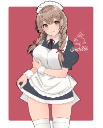 Rule 34 | 1girl, alternate costume, apron, black dress, blush, braid, breast hold, breasts, brown eyes, brown hair, dress, embarrassed, enmaided, frilled apron, frilled dress, frills, grabbing own breast, hair between eyes, highres, kantai collection, large breasts, long hair, maid, maid apron, maid headdress, mochizou, puffy short sleeves, puffy sleeves, red background, red ribbon, ribbon, shinshuu maru (kancolle), short sleeves, signature, skirt hold, solo, thighhighs, twin braids, twitter username, waist apron, white apron, white background, white thighhighs, wrist cuffs