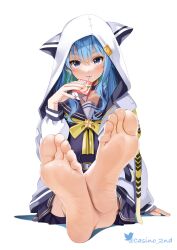 Rule 34 | 1girl, barefoot, blue eyes, blue hair, blush, bow, bowtie, box, casino (casinoep), chinese commentary, colored inner hair, crossed ankles, drinking straw, drinking straw in mouth, duplicate, feet, foot focus, foreshortening, full body, green hair, hair between eyes, highres, holding, holding box, hololive, hood, hooded jacket, hoshimachi suisei, hoshimachi suisei (school uniform), jacket, juice box, long hair, long sleeves, looking at viewer, multicolored hair, open clothes, open jacket, pixel-perfect duplicate, presenting foot, purple sailor collar, purple shirt, purple skirt, sailor collar, school uniform, serafuku, shirt, simple background, sitting, skirt, soles, solo, star (symbol), star in eye, symbol in eye, toenails, toes, twitter username, virtual youtuber, white background, white jacket, yellow bow, yellow bowtie